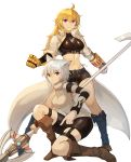  2girls absurdres ahoge animal_ears bangs belt blonde_hair boots character_request clenched_hands commission crop_top cropped_jacket full_body hair_between_eyes highres jacket knee_boots legs_apart long_hair midriff multiple_girls one_knee polearm rwby short_hair short_shorts shorts simple_background smile sookmo standing vambraces violet_eyes waist_cape weapon white_background white_hair white_jacket yang_xiao_long 