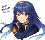  1girl birthday blue_eyes blue_hair blue_scarf blush commentary emblem english_commentary eyebrows_visible_through_hair fire_emblem fire_emblem:_kakusei fire_emblem_heroes happy_birthday high_collar intelligent_systems kamu_(kamuuei) long_hair looking_at_viewer lucina nintendo ribbed_sweater scarf smile super_smash_bros. sweater tiara 