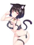  1girl animal_ear_fluff animal_ears azur_lane bare_arms bare_shoulders bell black_bra black_hair black_panties blush bra cat_cutout cat_ear_panties cat_ears cat_girl cat_lingerie cat_tail cleavage_cutout closed_mouth collarbone commentary_request filings_(ailuo_c) frilled_bra frills groin hair_ornament hairclip hands_up highres jingle_bell leaning_forward looking_at_viewer meme_attire navel panties paw_pose red_eyes revision short_hair side-tie_panties simple_background solo tail tail_raised underwear underwear_only white_background yamashiro_(azur_lane) 