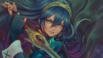  1girl armor blue_eyes blue_hair cape falchion_(fire_emblem) fingerless_gloves fire_emblem fire_emblem:_kakusei gloves hair_between_eyes kaejunni long_hair looking_at_viewer lucina nintendo solo sword tiara weapon 