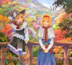  2girls alice_margatroid black_headwear blonde_hair blue_eyes blush book bow braid broom brown_eyes day green_bow hair_bow hat hat_ribbon holding holding_book kirisame_marisa long_hair long_sleeves looking_at_another marker_(medium) multiple_girls open_mouth outdoors railing ribbon scenery shiratama_(hockey) short_hair sitting smile standing touhou traditional_media white_bow white_ribbon witch_hat 