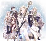  4boys 4girls :d ^_^ alfyn_(octopath_traveler) arm_at_side arm_up backpack bag bangs bare_shoulders belt black_gloves black_hair black_headwear black_pants black_scarf blonde_hair blue_background blue_fire blush book boots bracer braid breasts brown_eyes brown_gloves brown_hair cape capelet cleavage closed_eyes closed_eyes closed_mouth commentary_request copyright_name cropped_vest cyrus_(octopath_traveler) dancer dress earrings elbow_gloves expressionless fingerless_gloves fire forehead frilled_sleeves frills fringe_trim fur-trimmed_gloves fur_boots fur_capelet fur_trim gauntlets gloves green_eyes grey_cape h&#039;aanit_(octopath_traveler) hair_between_eyes hand_on_hip hand_on_own_head hat_feather high_heels highres holding holding_book holding_staff jewelry knee_boots lantern long_hair looking_at_viewer looking_back low_ponytail medium_breasts medium_hair multiple_boys multiple_girls navel necklace octopath_traveler off_shoulder olberic_eisenberg open_book open_mouth ophilia_(octopath_traveler) pants parted_bangs pauldrons pelvic_curtain ponytail primrose_azelhart puffy_short_sleeves puffy_sleeves revealing_clothes sandals scarf short_sleeves shoulder_armor single_braid small_breasts smile snow_leopard snowing staff stomach takatora therion_(octopath_traveler) thighlet tressa_(octopath_traveler) white_dress white_hair 