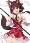  1girl :d animal_ear_fluff animal_ears bow brown_hair detached_sleeves fangs frilled_skirt frills gohei hair_bow hair_tubes hakurei_reimu highres kemonomimi_mode long_hair open_mouth paw_print red_eyes ribbon-trimmed_sleeves ribbon_trim simple_background skirt smile tail taki_sandstone touhou v-shaped_eyebrows vest white_background wide_sleeves wily_beast_and_weakest_creature wolf_ears wolf_tail 