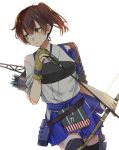  1girl apron arrow black_legwear blue_skirt bou_(wataame) bow_(weapon) brown_gloves brown_hair cowboy_shot dutch_angle gloves hakama_skirt holding holding_arrow holding_bow_(weapon) holding_weapon kaga_(kantai_collection) kantai_collection long_hair looking_to_the_side muneate quiver shield side_ponytail simple_background single_glove skirt solo tasuki thigh-highs weapon white_background yellow_eyes yumi_(bow) 
