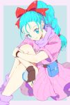  1girl bare_legs blue_eyes blue_hair braid brown_gloves bulma character_name clothes_writing dragon_ball dragon_ball_(classic) dress fanny_pack feet_out_of_frame gloves hair_ribbon head_tilt holding libeuo_(liveolivel) neckerchief outside_border pink_dress purple_legwear purple_neckwear radar red_ribbon ribbon short_dress short_sleeves simple_background single_braid single_glove sitting smile socks solo two-tone_background watch watch 