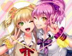  2girls ;d blonde_hair bow bowtie collarbone collared_shirt dress_shirt flower green_eyes grey_sweater grin hair_between_eyes hair_bow heart idolmaster idolmaster_cinderella_girls jougasaki_mika jougasaki_rika long_hair looking_at_viewer matsurika_youko multiple_girls nail_polish neck_ribbon one_eye_closed open_mouth pink_hair purple_bow purple_neckwear red_nails red_ribbon ribbon school_uniform scrunchie shiny shiny_hair shirt siblings sisters smile striped striped_background striped_bow striped_neckwear sweater sweater_vest upper_body very_long_hair w white_shirt wing_collar wrist_scrunchie wristband yellow_eyes yellow_flower yellow_nails 