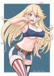  1girl american_flag american_flag_legwear animal_print belt blonde_hair blue_background blue_eyes breasts brown_belt erect_nipples eyebrows_visible_through_hair flag_print hair_between_eyes highres iowa_(kantai_collection) kantai_collection large_breasts looking_at_viewer miniskirt mismatched_legwear open_mouth simple_background skirt solo star star-shaped_pupils striped striped_legwear symbol-shaped_pupils t2r thigh-highs vertical-striped_legwear vertical_stripes white_background 