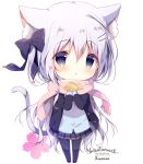  1girl :o animal_ear_fluff animal_ears artist_name bangs black_bow black_footwear black_jacket black_legwear blazer blue_cardigan blue_eyes blush bow cardigan cat_ears cat_girl cat_tail chibi commentary_request eyebrows_visible_through_hair food fringe_trim full_body grey_skirt hair_between_eyes hair_bow hair_ornament hairclip holding holding_food jacket long_hair long_sleeves one_side_up open_blazer open_clothes open_jacket original pantyhose parted_lips pink_scarf plaid plaid_skirt pleated_skirt scarf shiratama_(shiratamaco) shoes signature silver_hair skirt sleeves_past_wrists solo standing star tail taiyaki very_long_hair wagashi white_background 