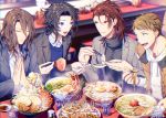  2018 4boys :d black_hair black_jacket black_sweater blue_eyes brown_hair character_request chopsticks chromatic_aberration collared_shirt copyright_request cup dress_shirt drinking_glass egg food green_eyes grey_jacket jacket lobster long_sleeves looking_at_another matsuki_tou meat multiple_boys noodles open_clothes open_jacket open_mouth parted_lips praying ramen red_eyes redhead shirt sitting smile spoon sweater table turtleneck turtleneck_sweater water white_shirt 