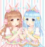  2girls :d animal_ears bangs basket blue_dress blue_flower blue_nails blunt_bangs blush bow brown_eyes brown_hair bunny_girl bunny_tail caramel_(caramelmilk) center_frills collarbone commentary dress easter easter_egg egg english_commentary eyebrows_visible_through_hair fingernails flower frills green_eyes green_flower hair_bow hair_flower hair_ornament hands_up happy_easter holding holding_egg multiple_girls nail_polish open_mouth original pink_bow pink_dress pink_flower pink_nails puffy_short_sleeves puffy_sleeves rabbit_ears short_sleeves smile striped striped_background tail vertical-striped_background vertical-striped_dress vertical_stripes white_flower yellow_bow 