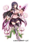 1girl belt black_hair breasts cape copyright_name dagger dmm flower_knight_girl full_body highres holding holding_weapon large_breasts looking_at_viewer night_phlox_(flower_knight_girl) official_art one_eye_closed skirt smile standing tagme violet_eyes weapon white_background 