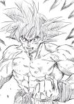  1boy abs black_eyes black_hair clenched_hand commentary_request dirty dirty_clothes dirty_face dragon_ball dragonball_z fighting_stance fingernails frown highres lee_(dragon_garou) looking_at_viewer male_focus monochrome muscle nipples open_mouth shirt shirtless son_gokuu spiky_hair teeth torn_clothes torn_shirt upper_body veins wristband 