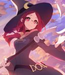  1girl broom choker_(pixiv) glasses hat highres holding holding_broom koshou_shichimi little_witch_academia ponytail redhead rimless_eyewear robe sky solo ursula_charistes wide_sleeves witch witch_hat 