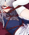  1girl apron arms_up bangs bdsm bed_sheet blindfold blindfold_slip blue_dress blue_eyes bondage bound braid breasts center_opening commentary_request dress feet_out_of_frame frilled_apron frills grey_shirt highres izayoi_sakuya leg_up looking_at_viewer lying maid_apron medium_breasts on_back petticoat shibari shibari_over_clothes shirt short_dress short_hair silver_hair solo souta_(karasu_no_ouchi) striped striped_shirt swept_bangs thigh-highs thighs touhou twin_braids vertical-striped_shirt vertical_stripes waist_apron white_apron white_legwear wing_collar 