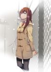  1girl arms_behind_back black_legwear blurry blurry_background breasts breath brown_coat brown_hair chain-link_fence coat collared_shirt cowboy_shot eyebrows fence grey_eyes hands_together hooded_coat long_hair long_sleeves looking_at_viewer makise_kurisu namari necktie outdoors pantyhose red_neckwear shirt small_breasts snow solo steins;gate straight_hair white_shirt 