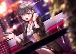  1girl :d bag bangs blurry blurry_background blurry_foreground blush bracelet breasts brown_skirt cafe casual cellphone city_lights cleavage clothes_writing coat collarbone commentary_request cup depth_of_field dutch_angle eyebrows_visible_through_hair green_coat green_eyes grey_hair hair_ornament hairclip hand_up indoors jewelry kantai_collection large_breasts long_hair looking_at_viewer necklace open_clothes open_coat open_mouth phone plant potted_plant ring shirt sidelocks sitting skirt smartphone smile solo suien suzuya_(kantai_collection) tank_top thigh-highs window 