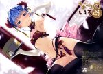 1girl absurdres arm_up armpits backlighting bare_shoulders black_legwear black_skirt blue_eyes blue_hair blush breasts bun_cover closed_mouth crop_top double_bun dutch_angle elbow_gloves garter_straps gloves hand_up highleg highleg_panties highres holding holding_tray light_particles looking_at_viewer microskirt midriff natsume_eri navel original panties red_panties revealing_clothes scan short_hair skirt sleeveless small_breasts solo stomach tassel thigh-highs thighs translation_request tray underwear white_gloves 