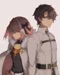  2boys astolfo_(fate) belt belt_buckle black_bow black_ribbon blue_eyes bow brown_hair buckle chaldea_uniform cloak closed_mouth commentary_request eyebrows_visible_through_hair fate/grand_order fate_(series) fujimaru_ritsuka_(male) fur-trimmed_cloak fur_collar fur_trim hair_intakes hair_ribbon highres looking_at_viewer multicolored_hair multiple_boys pink_hair ribbon saihate_(d3) standing streaked_hair trap violet_eyes white_cloak 