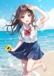  :d bangs barefoot beach blue_skirt blue_sky blush bow bowtie breasts brown_eyes brown_hair clouds collared_shirt day eyebrows_visible_through_hair floating_hair flower hair_between_eyes hair_ornament hairclip hand_up highres holding holding_flower long_hair looking_at_viewer morikura_en ocean open_mouth original outdoors pleated_skirt red_neckwear sand school_uniform shirt sidelocks skirt sky smile splashing sunflower tareme water_drop white_shirt 