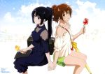  2girls :o absurdres back-to-back bag bangs bare_legs bare_shoulders black_dress black_hair blush breasts brown_hair candy_apple closed_mouth closed_umbrella clouds collarbone couple dress female food green_shorts hair_ornament hair_scrunchie hand_holding handbag hibike!_euphonium highres holding holding_food instrument_case kousaka_reina legs long_hair looking_at_viewer looking_away maruko_tatsunari medium_breasts multiple_girls musical_note neck newtype notebook official_art open_mouth oumae_kumiko ponytail scrunchie see-through see-through_dress short_hair short_sleeves shorts sitting sky small_breasts staff_(music) thighs treble_clef umbrella violet_eyes white_crop_top yellow_eyes yuri 