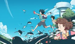  1girl 2boys aoyama-kun_(penguin_highway) backpack bag bird black_hair blue_sky bow brown_footwear brown_hair child clouds day green_footwear multiple_boys outdoors penguin penguin_highway shirt shoes short_hair short_sleeves shorts sky socks t-shirt tree uchida-kun_(penguin_highway) yellow_bow 