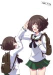  2girls akiyama_yukari backpack bag bangs blouse brown_eyes brown_hair eyebrows_visible_through_hair girls_und_panzer green_skirt hadzuki_haru long_sleeves messy_hair miniskirt multiple_girls neckerchief ooarai_school_uniform open_mouth pleated_skirt salute school_uniform serafuku short_hair skirt sleeves_past_wrists standing translation_request white_blouse younger 