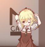  1girl arms_up bangs black_neckwear blonde_hair blush brown_dress closed_mouth collared_shirt dress eyebrows_visible_through_hair girls_frontline hair_between_eyes hair_tie hair_tie_in_mouth highres long_hair looking_away looking_to_the_side matsuo_(matuonoie) mouth_hold nagant_revolver_(girls_frontline) one_eye_closed shirt short_sleeves sleeveless sleeveless_dress smile solo white_shirt 