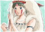  1girl blue_eyes breasts brown_hair commentary_request earrings facepaint facial_mark fur headband jewelry kaufmann_bach mask mononoke_hime necklace san short_hair solo studio_ghibli tooth_necklace 