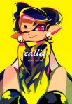  +_+ 1girl aori_(splatoon) artist_name black_footwear black_hair black_jacket character_name commentary cursive domino_mask earrings english_commentary english_text foreshortening grin highres hotaru_(splatoon) jacket jewelry long_hair looking_at_viewer mask mole mole_under_eye one_eye_closed pointy_ears seto_(asils) shoes signature sitting smile solo splatoon splatoon_(series) splatoon_1 tentacle_hair v_arms violet_eyes yellow_background 