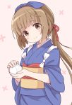  1girl bangs blue_bow blue_kimono blush bow brown_eyes brown_hair closed_mouth ddak5843 eyebrows_visible_through_hair food hair_bow head_tilt holding holding_food idolmaster idolmaster_cinderella_girls japanese_clothes kimono long_hair low_ponytail obi onigiri pink_background ponytail sash short_sleeves sidelocks simple_background smile solo very_long_hair white_bow wide_sleeves yorita_yoshino 