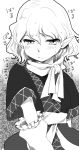  1girl blush closed_mouth detached_sleeves embarrassed eyebrows greyscale looking_at_viewer mizuhashi_parsee monochrome pointy_ears short_hair solo sound_effects touhou translation_request wavy_hair yuki_(popopo) 