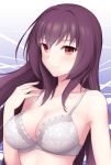  1girl bangs bare_shoulders blush bra breasts chacharan cleavage closed_mouth collarbone fate/grand_order fate_(series) hair_between_eyes highres large_breasts long_hair looking_at_viewer purple_hair red_eyes scathach_(fate)_(all) scathach_(fate/grand_order) smile solo underwear white_bra 