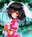  1girl animal animal_ears black_hair blush bunny_tail carrot_necklace holding holding_animal inaba_tewi jewelry looking_at_viewer necklace parted_lips puffy_short_sleeves puffy_sleeves qqqrinkappp rabbit rabbit_ears red_eyes shikishi short_hair short_sleeves solo tail touhou traditional_media upper_body 