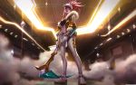  1girl absurdres akali alternate_costume baseball_cap black_tank_top bracelet breasts cleavage fur_trim gloves hat highres holding holding_weapon idol jacket jewelry k/da_(league_of_legends) k/da_akali league_of_legends long_hair looking_at_viewer midriff navel necklace official_art pants red_lips redhead smoke solo weapon white_footwear white_gloves white_pants 