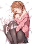  1girl bangs bare_shoulders black_legwear black_skirt blush breasts brown_eyes brown_hair cleavage closed_mouth eyebrows_visible_through_hair happy_birthday houjou_karen idolmaster idolmaster_cinderella_girls jiino leg_hug long_hair long_sleeves looking_at_viewer lying off-shoulder_sweater off_shoulder pantyhose pink_sweater ribbed_sweater skirt smile solo sweater 