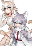  2girls \n/ animal_ear_fluff animal_ears bangs bare_shoulders blue_eyes bow bowtie cat_(kemono_friends) cat_ears cat_tail chestnut_mouth collar commentary dog_(mixed_breed)_(kemono_friends) dog_ears elbow_gloves extra_ears eyebrows_visible_through_hair fur-trimmed_sleeves fur_trim gloves grey_hair grin hair_between_eyes heterochromia high-waist_skirt highres jacket kemono_friends light_brown_hair looking_at_viewer losmal_indicus multicolored_hair multiple_girls open_clothes open_jacket open_mouth paw_pose pet_collar shirt short_hair short_sleeves simple_background skirt sleeveless sleeveless_shirt smile tail thigh-highs two-tone_hair white_background white_hair yellow_eyes 