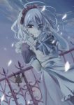  1girl adjusting_hair arm_behind_back arm_up blush braid closed_mouth cover cover_page doujin_cover eyebrows_visible_through_hair izayoi_sakuya looking_at_viewer maid_headdress monochrome outdoors puffy_short_sleeves puffy_sleeves short_hair short_sleeves smile solo touhou yuki_(popopo) 