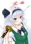  \m/ absurdres arm_up black_neckwear blush bow bowtie breasts commentary_request dragon eyebrows_visible_through_hair green_eyes green_vest hair_between_eyes hair_ribbon hand_on_hilt head_tilt highres katana konpaku_youmu konpaku_youmu_(ghost) looking_at_viewer puffy_short_sleeves puffy_sleeves ribbon shiromuji shirt short_sleeves silver_hair simple_background small_breasts smile sword touhou upper_body vest weapon white_background white_shirt wily_beast_and_weakest_creature 