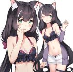  animal_ear_fluff animal_ears bangs bare_shoulders bikini_top black_hair breasts cat_ears gin00 green_eyes halterneck kyaru_(princess_connect) long_hair low_twintails medium_breasts multicolored_hair one_eye_closed open_mouth princess_connect!_re:dive shorts smile streaked_hair twintails very_long_hair 