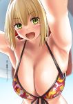  1girl armpits arms_up bangs bare_shoulders blonde_hair blush breasts cleavage collarbone fate/extra fate_(series) gachou green_eyes hair_between_eyes highres large_breasts looking_at_viewer nero_claudius_(fate) nero_claudius_(fate)_(all) open_mouth red_bikini_top smile solo translation_request wet 