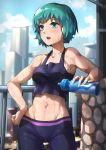  1girl absurdres armpits bangs bottle breasts collarbone day exercise green_eyes green_hair groin hand_on_hip highres huge_filesize medium_breasts mr.lime navel pants parted_lips sei_p_asagiri short_hair sports_bra stomach sweat toned va-11_hall-a water_bottle yoga_pants 