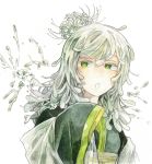  1girl bangs eyebrows_visible_through_hair flower green_eyes hair_between_eyes kamura_gimi long_hair long_sleeves open_mouth original simple_background sleeves_past_fingers sleeves_past_wrists solo upper_body white_background white_flower white_hair wide_sleeves 