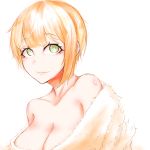  1girl bare_shoulders blonde_hair breasts cleavage closed_mouth collarbone eyelashes fur_sweater green_eyes highres idolmaster idolmaster_cinderella_girls large_breasts lips looking_at_viewer looking_up miyamoto_frederica off-shoulder_sweater off_shoulder short_hair_with_long_locks simple_background solo sweater upper_body white_background white_sweater wotnwkd1544 