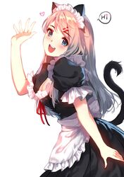  1girl :d apron arm_at_side black_dress black_tail blue_eyes blush breasts caidychen cat_tail cleavage commentary_request dress heart highres long_hair maid medium_breasts neck_ribbon open_mouth original pink_hair red_ribbon ribbon short_sleeves simple_background smile solo tail waist_apron white_apron white_background white_frills 