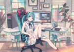  1girl alternate_costume aqua_eyes aqua_hair black_legwear blinds bow bowtie bug butterfly cactus chair chibi city clouds collaboration computer computer_tower dress eyebrows_visible_through_hair figure flower green_eyes green_hair hair_between_eyes hatsune_miku headphones headset highres indoors insect ixima keyboard_(computer) leg_up long_hair looking_at_viewer monitor mouse_(computer) office_chair parted_lips picture_(object) plant pleated_skirt potted_plant ribbon sitting skirt socks solo speaker suspender_skirt suspenders twintails very_long_hair vocaloid window 