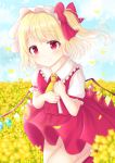  1girl arms_up asymmetrical_sleeves bangs blonde_hair blue_sky blush bobby_socks bow clouds cowboy_shot cravat crystal day eyebrows_visible_through_hair field flandre_scarlet flower flower_field folded_leg frilled_shirt_collar frills hair_bow hands_on_own_chest hat head_tilt looking_at_viewer mob_cap nibosisuzu outdoors petals red_eyes red_footwear red_skirt red_vest shirt short_hair short_sleeves side_ponytail skirt sky smile socks solo standing standing_on_one_leg swept_bangs touhou vest white_headwear white_legwear white_shirt wind wind_lift wings yellow_neckwear 