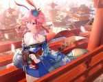  1girl absurdres animal_ears bangs bare_shoulders blue_flower blue_kimono breasts building cleavage collarbone day floral_print flower hair_between_eyes hair_bun hair_flower hair_ornament highres honkai_(series) honkai_impact_3 japanese_clothes kimono kimono_pull lmf13007102 long_hair long_sleeves looking_at_viewer medium_breasts obi off_shoulder outdoors pagoda parted_lips petals pink_hair print_kimono railing sash sidelocks solo standing tassel torii town tree violet_eyes wide_sleeves yae_sakura 