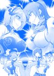  1boy 2girls absurdres anger_vein bare_shoulders belt blue_theme breasts captain_(honkai_impact) carrying choker cleaning cleavage commentary_request fake_horns gloves grin hair_over_one_eye highres hirakuneko honkai_(series) honkai_impact_3rd large_breasts lightning_glare maid_headdress military military_uniform monochrome multiple_girls murata_himeko necktie rita_rossweisse rita_rossweisse_(umbral_rose) shaded_face short_hair smile speech_bubble tears uniform 