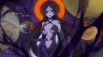  1girl black_dress black_hair black_hole black_sclera breasts center_opening dark_skin dress earth english_text halo highres large_breasts long_hair looking_at_viewer m87_black_hole open_mouth orange_eyes original paavuchi personification planet solo talking very_long_hair 