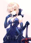  1girl absurdres artoria_pendragon_(all) bangs bare_shoulders blonde_hair blue_bow blue_dress blue_footwear blue_gloves blush bow breasts cleavage closed_mouth collarbone dark_excalibur dress elbow_gloves eyebrows_visible_through_hair fate/grand_order fate_(series) full_body gloves gradient gradient_background hair_bow halter_dress hand_up highres holding holding_sword holding_weapon light_smile looking_at_viewer medium_breasts minin982 pink_background saber_alter short_hair sleeveless sleeveless_dress solo standing sword thigh-highs weapon yellow_eyes zettai_ryouiki 